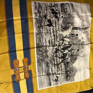 Equestrian Print Scarf with Yellow and Blue Stripes